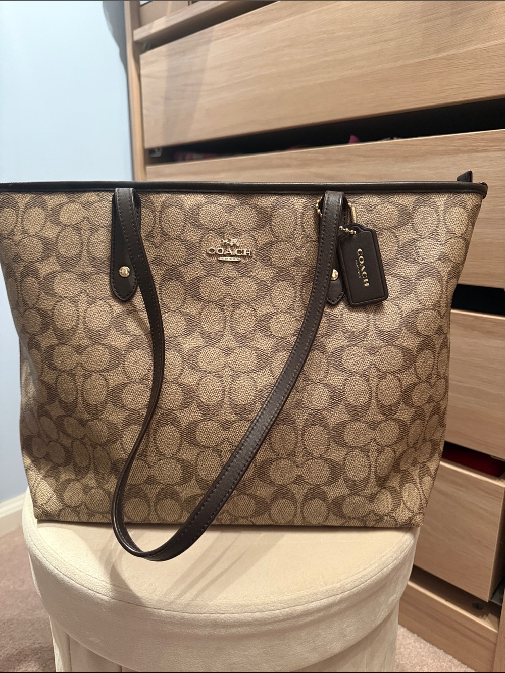 Coach Brown Signature Canvas Tote with Dark Brown Trim
